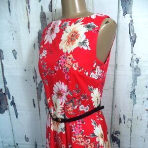 Mod Floral Print Red Coral Fit Flare Sun Dress Med